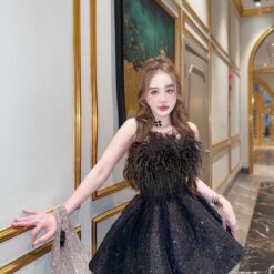ชุดเดรส เกาะอก แต่งกลิตเตอร์+ขน สีดำ 2085 Size M
