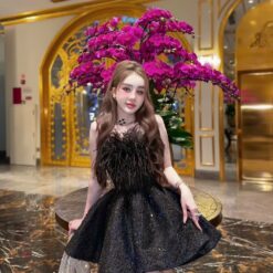 ชุดเดรส เกาะอก แต่งกลิตเตอร์+ขน สีดำ 2085 Size M