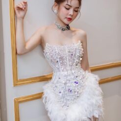ชุดเดรส เกาะอก แต่งมุก+ขน สีขาว 2086 Size S