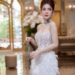 ชุดเดรส เกาะอก แต่งมุก+ขน สีขาว 2086 Size S