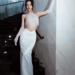 ชุดเซ็ท 2 ชิ้น เสื้อ+กระโปรง แต่งมุก สีขาว 4007 Size S