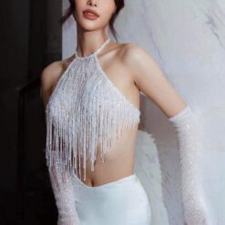 ชุดเซ็ท 2 ชิ้น เสื้อ+กระโปรง แต่งมุก สีขาว 4007 Size S