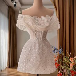 ชุดเดรส เกาะอก แต่งดอก+กลิตเตอร์ สีขาว 2088 Size M