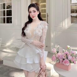 ชุดเดรส ซีทรู แต่งดอก สีขาว-ครีม 2089 Size XXL