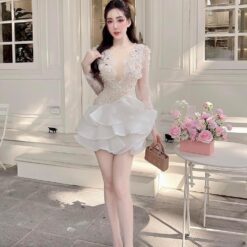 ชุดเดรส ซีทรู แต่งดอก สีขาว-ครีม 2089 Size XXL