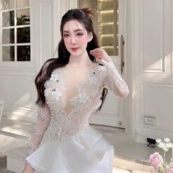 ชุดเดรส ซีทรู แต่งดอก สีขาว-ครีม 2089 Size XXL