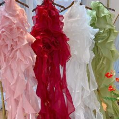 ชุดราตรียาว คล้องคอ หางยาว สีแดง 3014 Size S