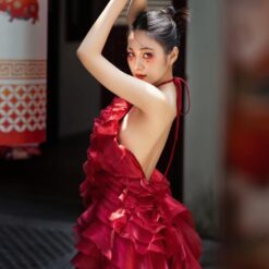 ชุดราตรียาว คล้องคอ หางยาว สีแดง 3014 Size S