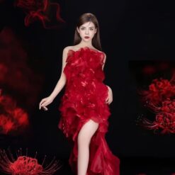 ชุดราตรียาว คล้องคอ หางยาว สีแดง 3014 Size S