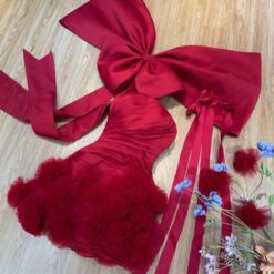 ชุดเดรส เกาะอก แต่งดอก+โบว์ สีแดง 2090 Size S