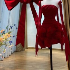 ชุดเดรส เกาะอก แต่งดอก+โบว์ สีแดง 2090 Size S