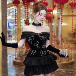 ชุดเดรส ปาดไหล่ แต่งโบว์เพชร สีดำ 2091 Size M