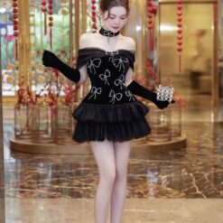 ชุดเดรส ปาดไหล่ แต่งโบว์เพชร สีดำ 2091 Size M