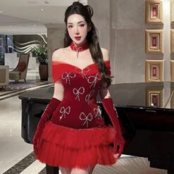 ชุดเดรส ปาดไหล่ แต่งโบว์เพชร สีแดง 2092 Size M