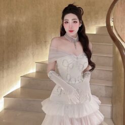 ชุดเดรส ปาดไหล่ แต่งโบว์เพชร สีขาว 2093 Size M