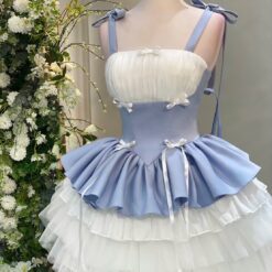 ชุดเดรส สายเดี่ยว แต่งโบว์ สีฟ้า 2104 Size M