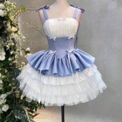 ชุดเดรส สายเดี่ยว แต่งโบว์ สีฟ้า 2104 Size M