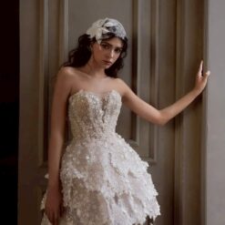 ชุดเดรส เกาะอก แต่งดอก+กลิตเตอร์ สีขาว 2105 Size S-M