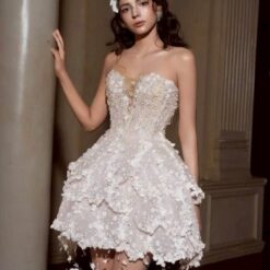 ชุดเดรส เกาะอก แต่งดอก+กลิตเตอร์ สีขาว 2105 Size M