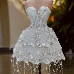 ชุดเดรส เกาะอก แต่งดอก+กลิตเตอร์ สีขาว 2105 Size S-M