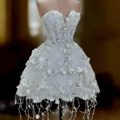 ชุดเดรส เกาะอก แต่งดอก+กลิตเตอร์ สีขาว 2105 Size S-M