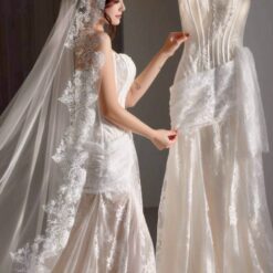 ชุดแต่งงาน ราตรียาว เกาะอก ลูกไม้ สีครีม-ขาว 3019 Size S