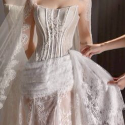 ชุดแต่งงาน ราตรียาว เกาะอก ลูกไม้ สีครีม-ขาว 3019 Size S