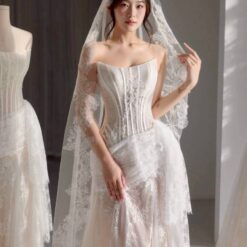 ชุดแต่งงาน ราตรียาว เกาะอก ลูกไม้ สีครีม-ขาว 3019 Size S