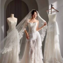 ชุดแต่งงาน ราตรียาว เกาะอก ลูกไม้ สีครีม-ขาว 3019 Size S