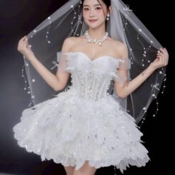 ชุดเดรส ปาดไหล่ แต่งมุก+กลิตเตอร์ สีขาว 2106 Size S