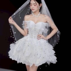 ชุดเดรส ปาดไหล่ แต่งมุก+กลิตเตอร์ สีขาว 2106 Size S