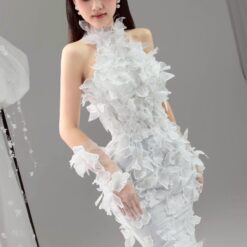 ชุดแต่งงาน ราตรียาว คล้องคอ แต่งดอก สีขาว 3020 Size M