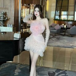 ชุดเซ็ท 2 ชิ้น เสื้อ+กระโปรง แต่งดอก สีชมพู 4011 Size S