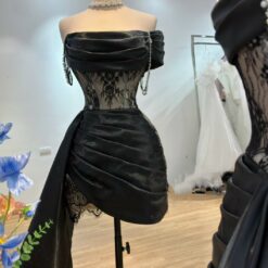 ชุดเดรส เกาะอก ลูกไม้ แต่งเพชร สีดำ 2110 Size S