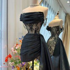 ชุดเดรส เกาะอก ลูกไม้ แต่งเพชร สีดำ 2110 Size S