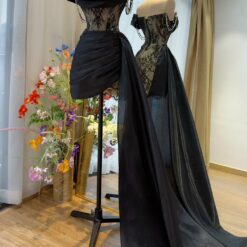 ชุดเดรส เกาะอก ลูกไม้ แต่งเพชร สีดำ 2110 Size S