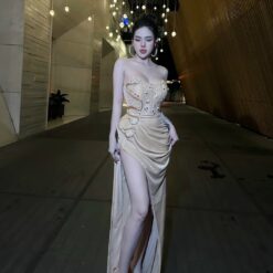 ชุดเดรส ราตรียาว เกาะอก แต่งมุก สีครีม 3024 Size S