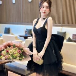 ชุดเดรส แต่งโบว์ ฟูฟ่อง สีดำ 2120 Size S