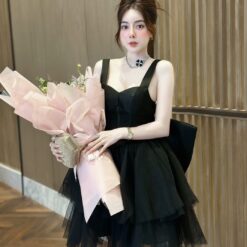 ชุดเดรส แต่งโบว์ ฟูฟ่อง สีดำ 2120 Size S