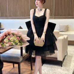 ชุดเดรส แต่งโบว์ ฟูฟ่อง สีดำ 2120 Size S