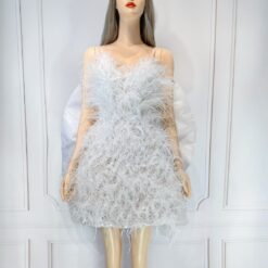 ชุดเดรส สายเดี่ยว ขนนก แต่งโบว์ สีขาว 2122 Size M