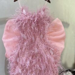 ชุดเดรส สายเดี่ยว ขนนก แต่งโบว์ สีชมพู 2123 Size M