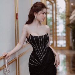 ชุดเดรส เกาะอก แต่งเพชร สีดำ 2125 Size M