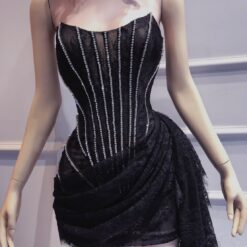 ชุดเดรส เกาะอก แต่งเพชร สีดำ 2125 Size M