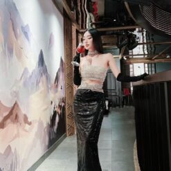 ชุดเดรส ราตรียาว เกาะอก แต่งเพชร สีดำ 3030 Size M