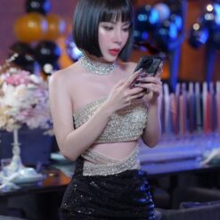 ชุดเดรส ราตรียาว เกาะอก แต่งเพชร สีดำ 3030 Size M