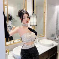 ชุดเดรส ราตรียาว เกาะอก แต่งเพชร สีดำ 3030 Size M