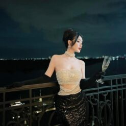 ชุดเดรส ราตรียาว เกาะอก แต่งเพชร สีดำ 3030 Size M