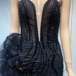 ชุดเดรส ราตรียาว แต่งมุก+เพชร สีดำ 3031 Size M