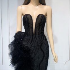 ชุดเดรส ราตรียาว แต่งมุก+เพชร สีดำ 3031 Size M